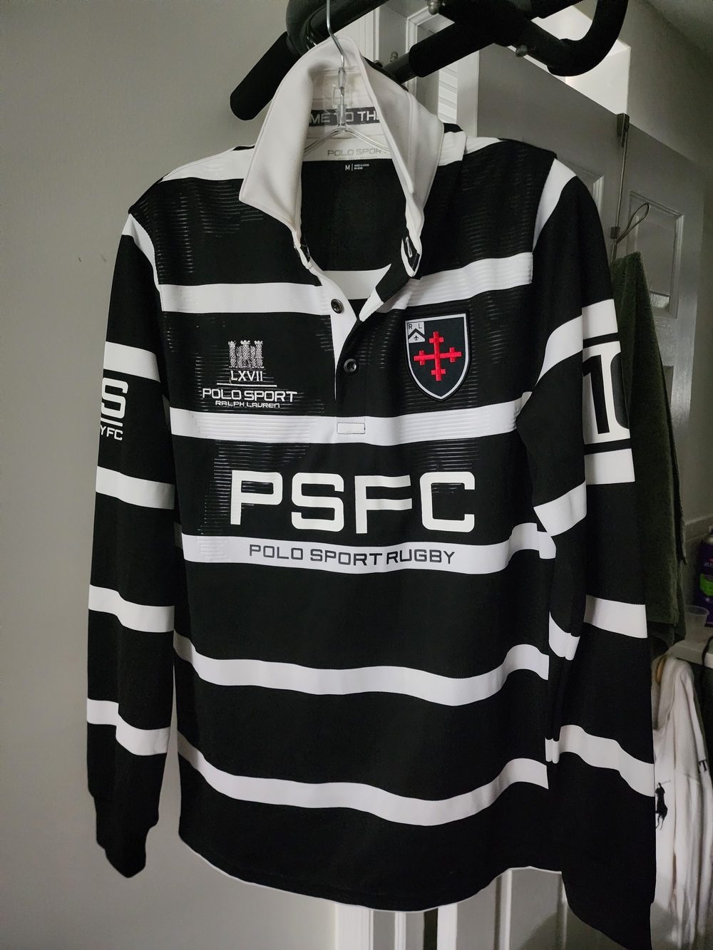 Polo by Ralph Lauren Black & White Striped PSFC Rugby Shirt. S-M